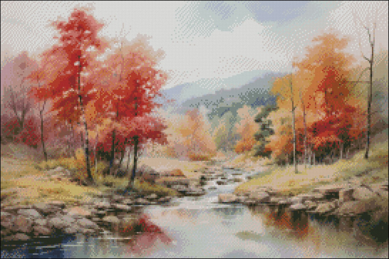 Forest River on an Autumn Day - Counted Cross Stitch Patterns Embroidery Crafts Needlework DIY Chart DMC Color