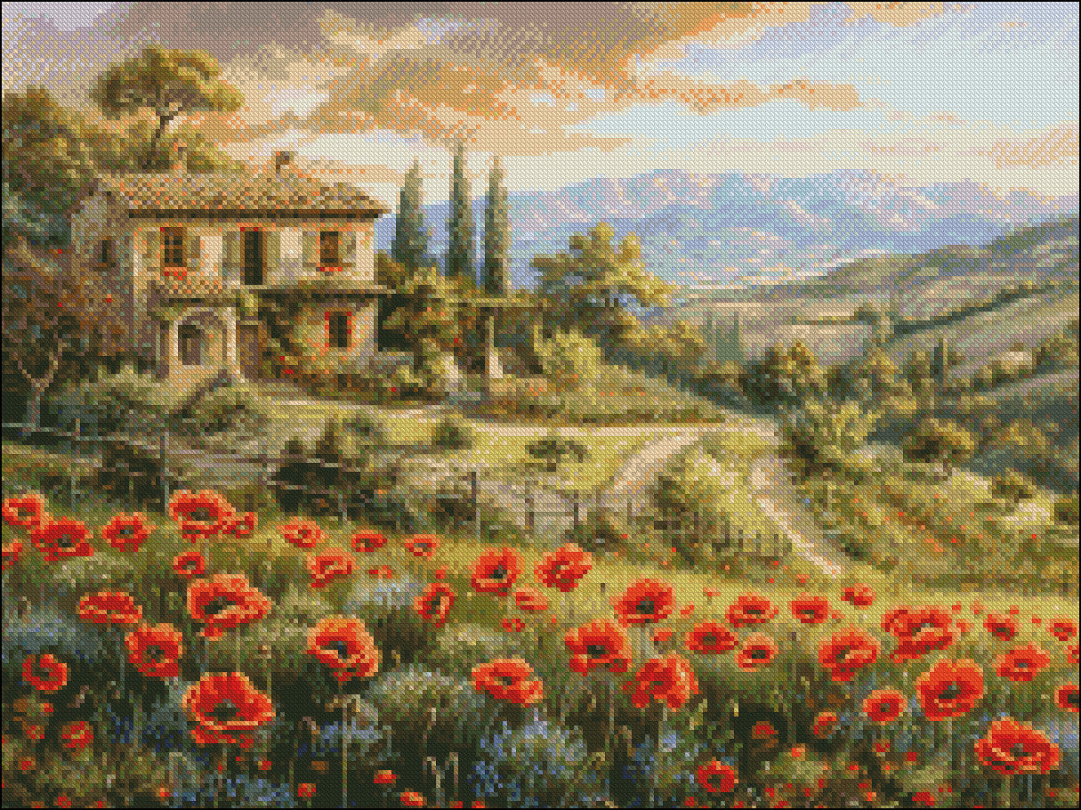 Tuscany Poppies - Counted Cross Stitch Patterns Embroidery Crafts Needlework DIY Chart DMC Color