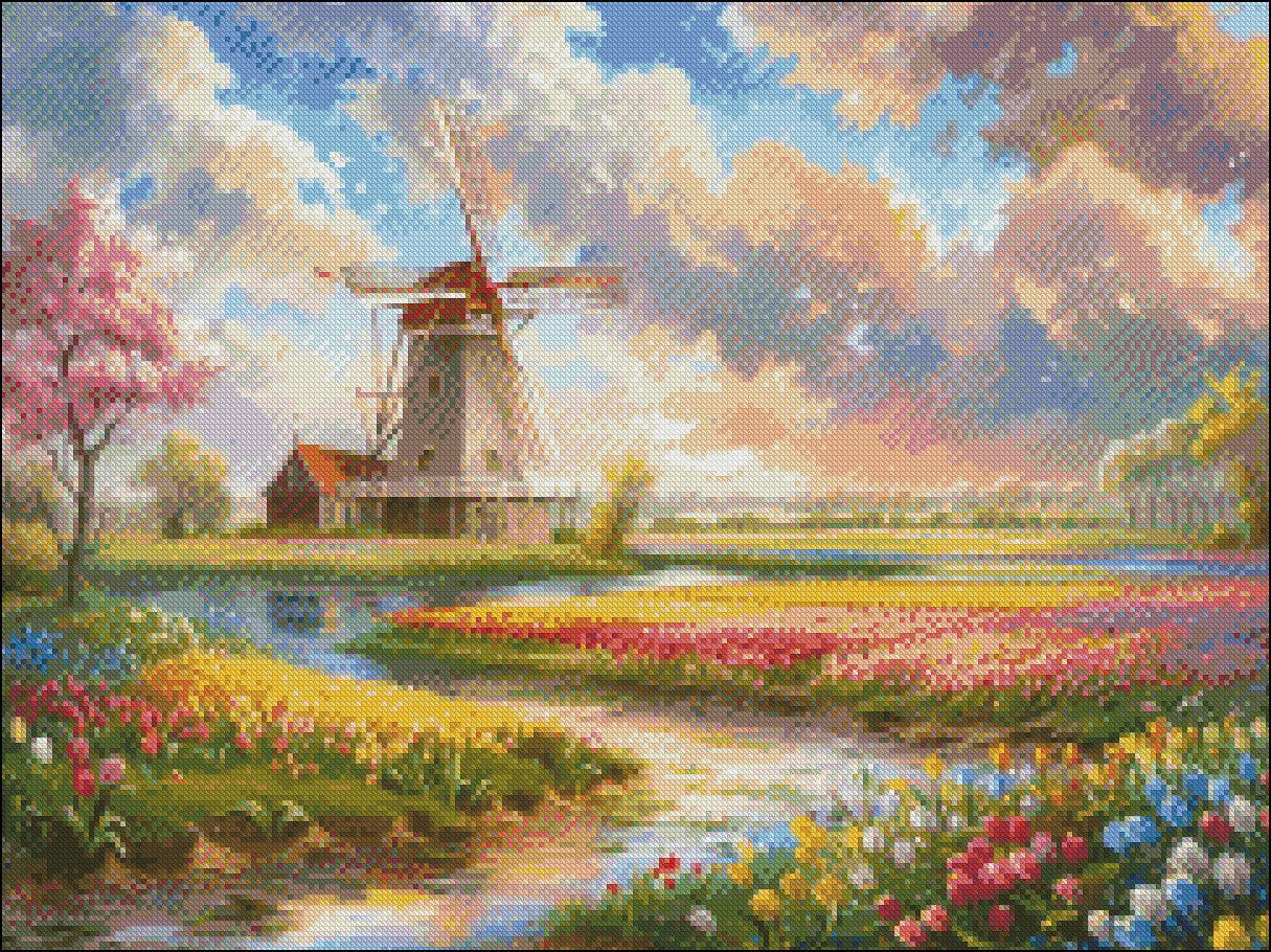 Tulip Fields with Windmill 1  - Counted Cross Stitch Patterns Embroidery Crafts Needlework DIY Chart DMC Color