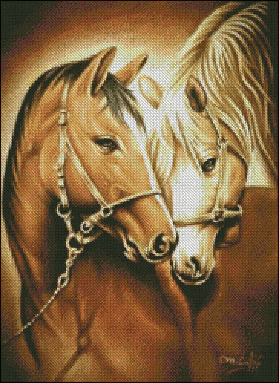 Two Horses - Counted Cross Stitch Patterns Embroidery Crafts Needlework DIY Chart DMC Color