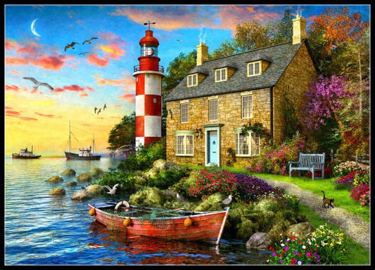 Old Sea Cottage - Counted Cross Stitch Patterns Embroidery Crafts Needlework DIY Chart DMC Color