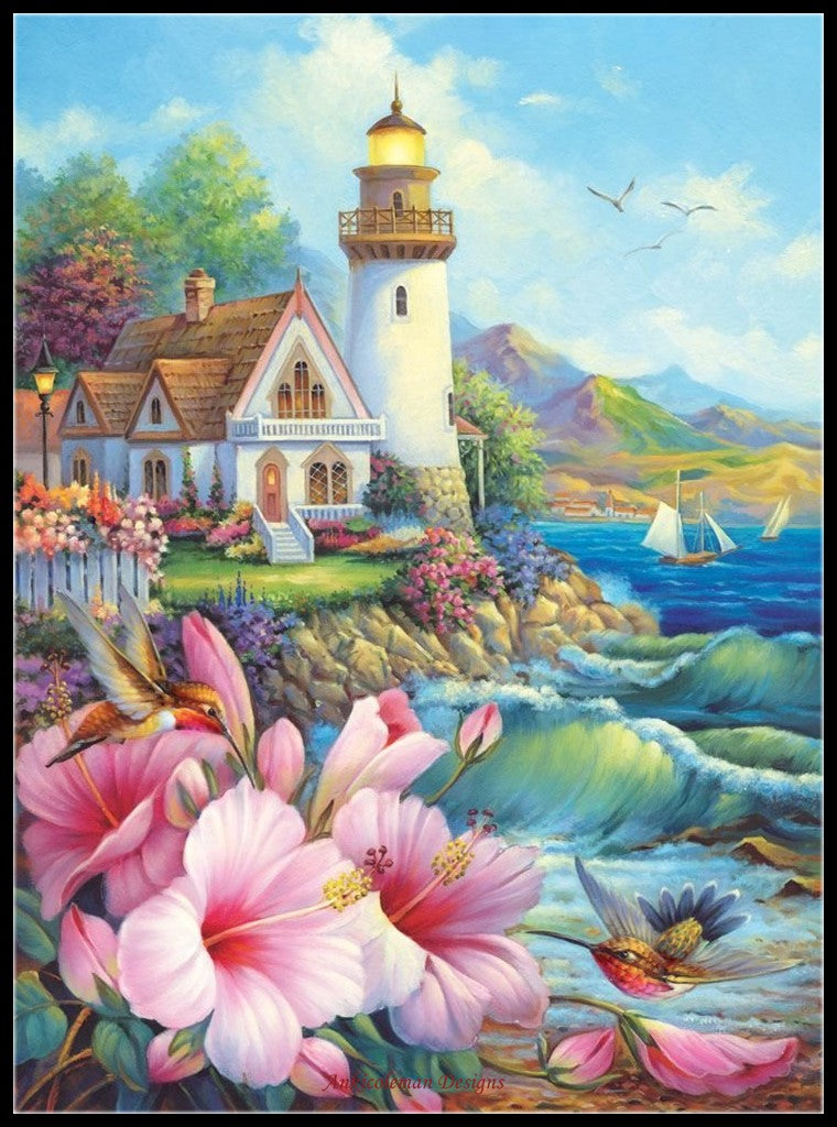 Lighthouse by the Sea - Counted Cross Stitch Patterns Embroidery Crafts Needlework DIY Chart DMC Color