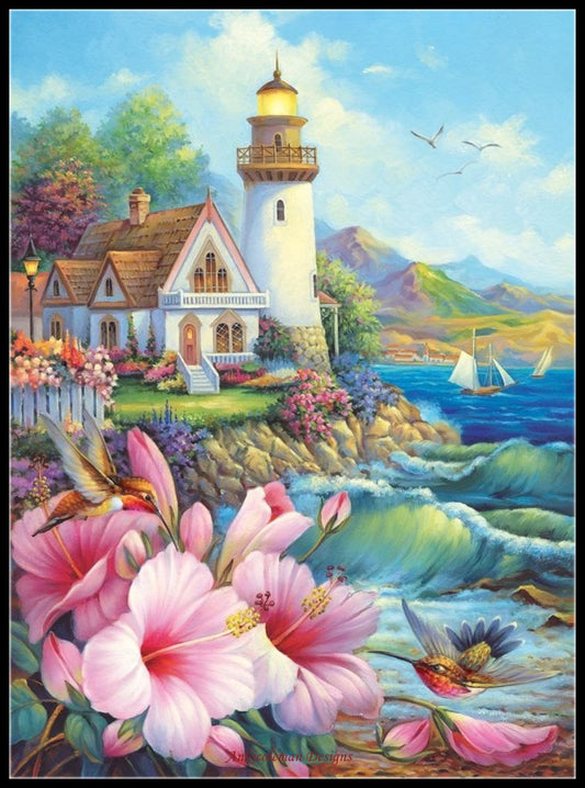 Lighthouse by the Sea - Counted Cross Stitch Patterns Embroidery Crafts Needlework DIY Chart DMC Color