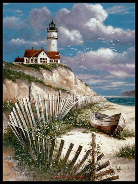 Lighthouse with Deserted Canoe - Counted Cross Stitch Patterns Embroidery Crafts Needlework DIY Chart DMC Color