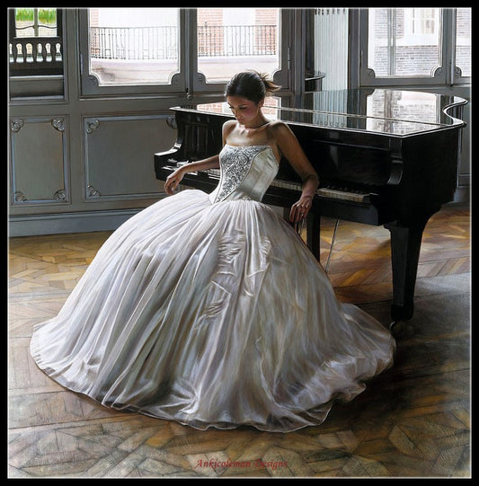 Piano and Gorgeous Dress 15 - Counted Cross Stitch Patterns Embroidery Crafts Needlework DIY Chart DMC Color