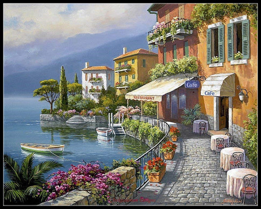 Seaside Bistro Cafe - Counted Cross Stitch Patterns Embroidery Crafts Needlework DIY Chart DMC Color