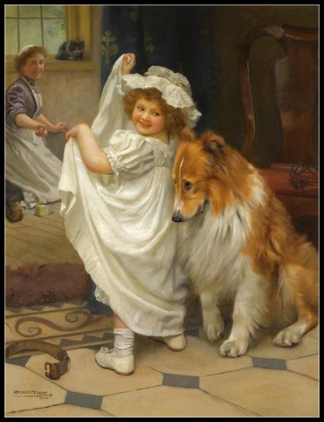 Girl with Puppy 1 - Counted Cross Stitch Patterns Embroidery Crafts Needlework DIY Chart DMC Color