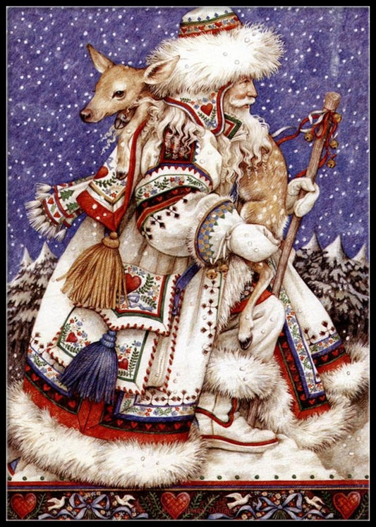 Father Christmas with Deer - Counted Cross Stitch Patterns Embroidery Crafts Needlework DIY Chart DMC Color