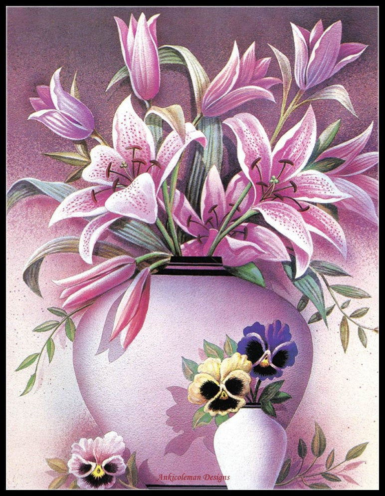 Lily Vase - Counted Cross Stitch Patterns Embroidery Crafts Needlework DIY Chart DMC Color