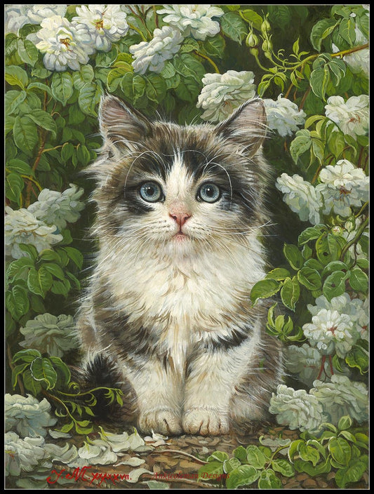 Cat in the Flowers - Counted Cross Stitch Patterns Embroidery Crafts Needlework DIY Chart DMC Color
