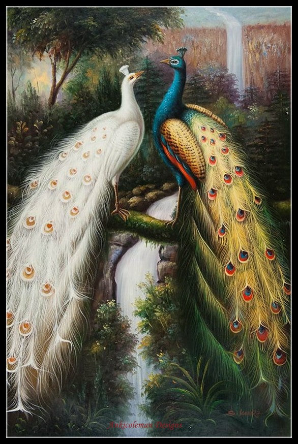 Peacock Waterfall - Counted Cross Stitch Patterns Embroidery Crafts Needlework DIY Chart DMC Color