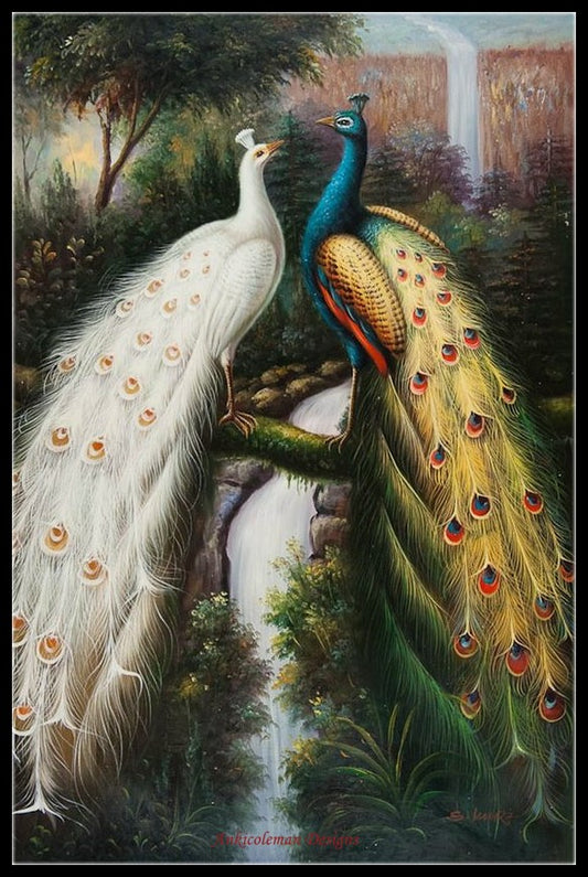 Peacock Waterfall - Counted Cross Stitch Patterns Embroidery Crafts Needlework DIY Chart DMC Color