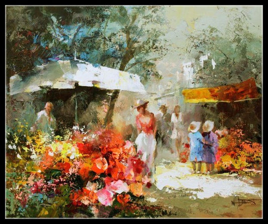 Market with Flowers - Counted Cross Stitch Patterns Embroidery Crafts Needlework DIY Chart DMC Color