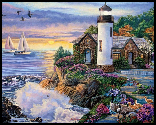 Sunrise by the Ocean - Counted Cross Stitch Patterns Embroidery Crafts Needlework DIY Chart DMC Color