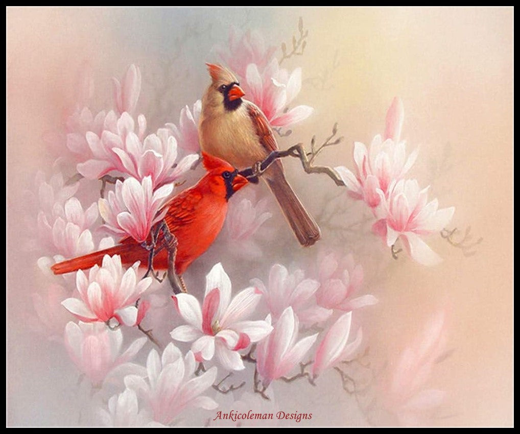 Cardinals and Magnolia - Counted Cross Stitch Patterns Embroidery Crafts Needlework DIY Chart DMC Color