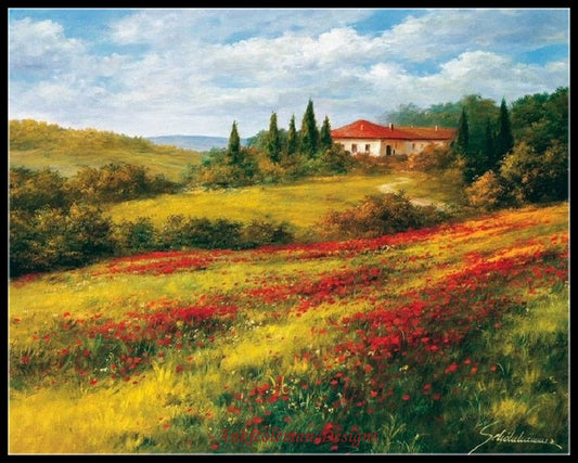 Landscape with Poppies I - Counted Cross Stitch Patterns Embroidery Crafts Needlework DIY Chart DMC Color