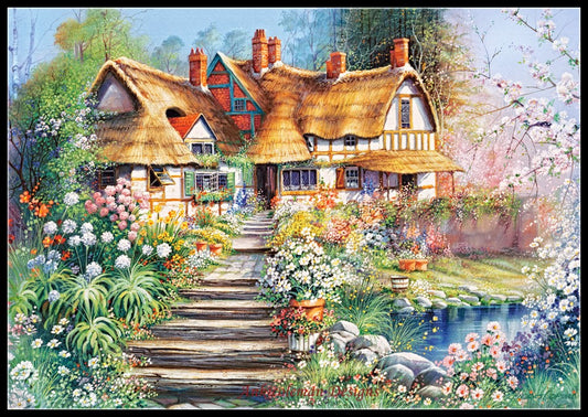 Cottage with Pond - Counted Cross Stitch Patterns Embroidery Crafts Needlework DIY Chart DMC Color