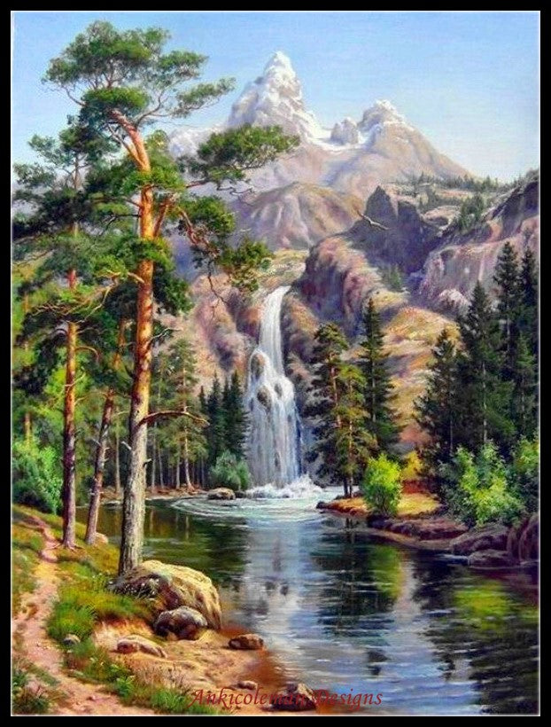 Waterfall mountains - Counted Cross Stitch Patterns Embroidery Crafts Needlework DIY Chart DMC Color