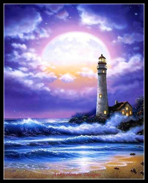 Lighthouse and Large Moon - Counted Cross Stitch Patterns Embroidery Crafts Needlework DIY Chart DMC Color