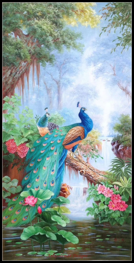 Peacock Falls 2 - Counted Cross Stitch Patterns Embroidery Crafts Needlework DIY Chart DMC Color