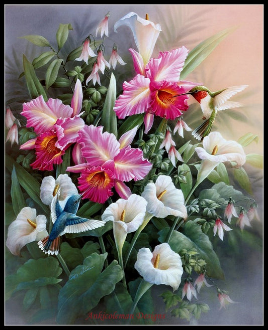 Hummingbirds with Lilies - Counted Cross Stitch Patterns Embroidery Crafts Needlework DIY Chart DMC Color