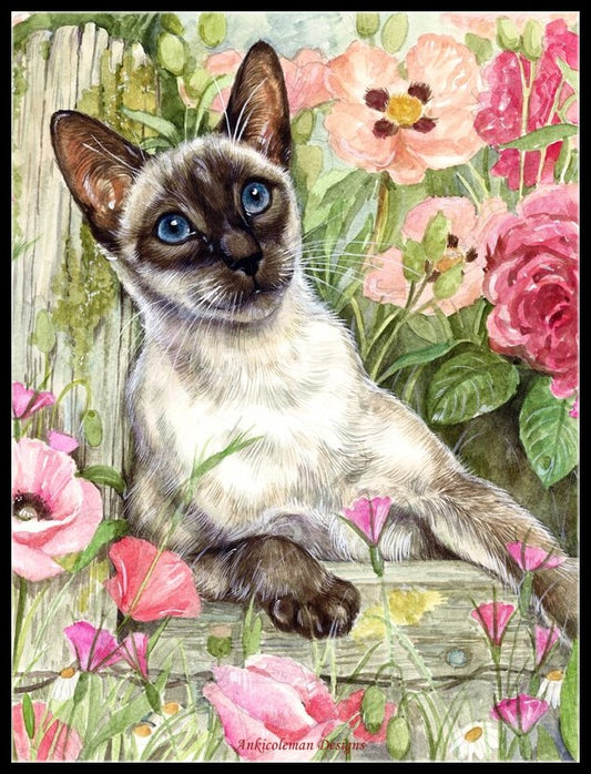 Siamese cat in the Roses - Counted Cross Stitch Patterns Embroidery Crafts Needlework DIY Chart DMC Color