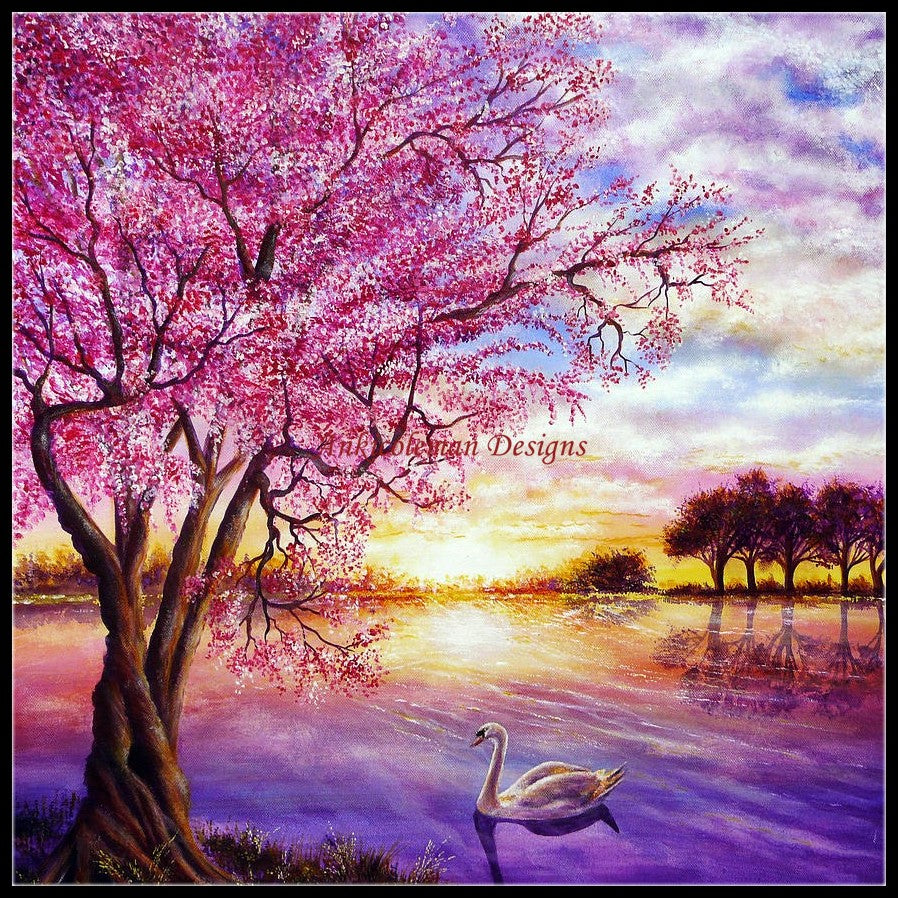 Pink Scene - Counted Cross Stitch Patterns Embroidery Crafts Needlework DIY Chart DMC Color