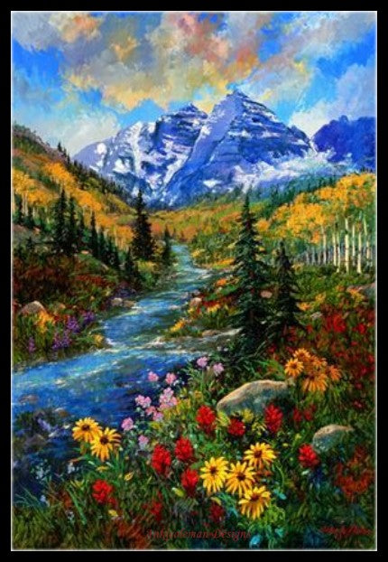 Wildflowers at Mountain - Counted Cross Stitch Patterns Embroidery Crafts Needlework DIY Chart DMC Color