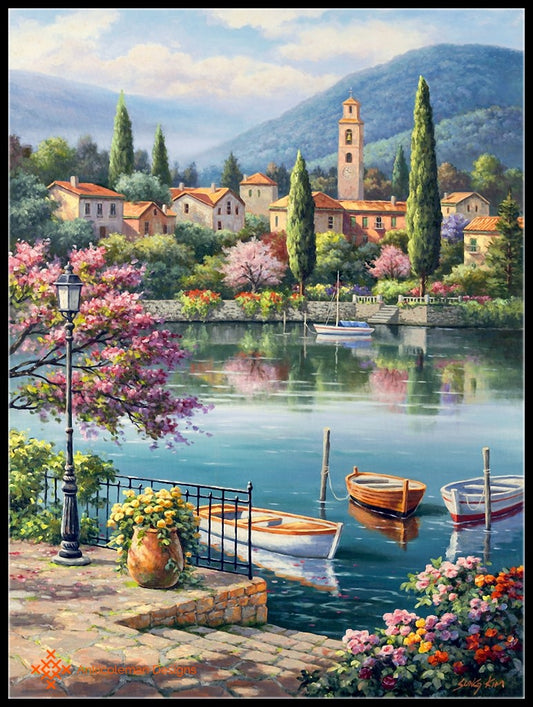 Village Lake Afternoon - Counted Cross Stitch Patterns Embroidery Crafts Needlework DIY Chart DMC Color