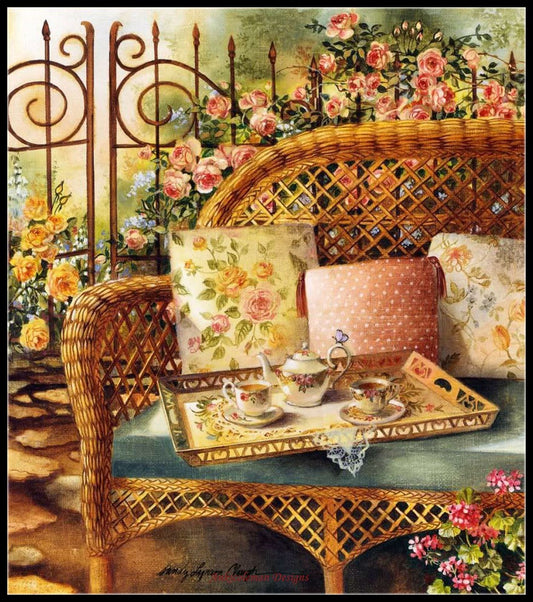 Wicker Bench Tea - Counted Cross Stitch Patterns Embroidery Crafts Needlework DIY Chart DMC Color