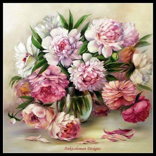 Peony in Vase - Counted Cross Stitch Patterns Embroidery Crafts Needlework DIY Chart DMC Color