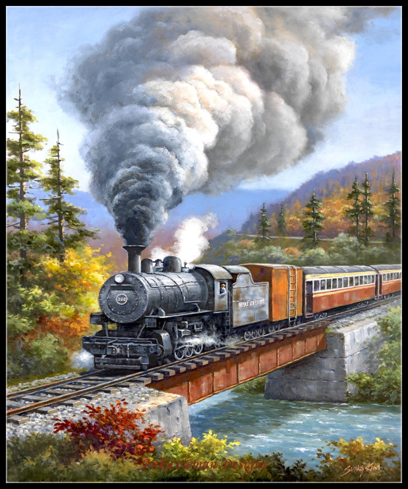 Train Crossing - Counted Cross Stitch Patterns Embroidery Crafts Needlework DIY Chart DMC Color
