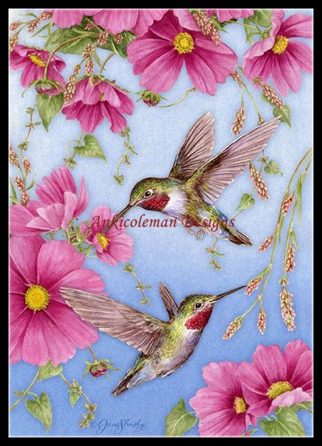 Hummingbirds with Pink - Counted Cross Stitch Patterns Embroidery Crafts Needlework DIY Chart DMC Color