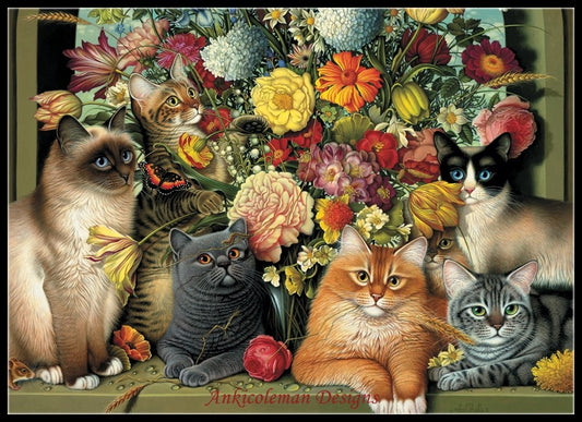 Bouquet Cats - Counted Cross Stitch Patterns Embroidery Crafts Needlework DIY Chart DMC Color