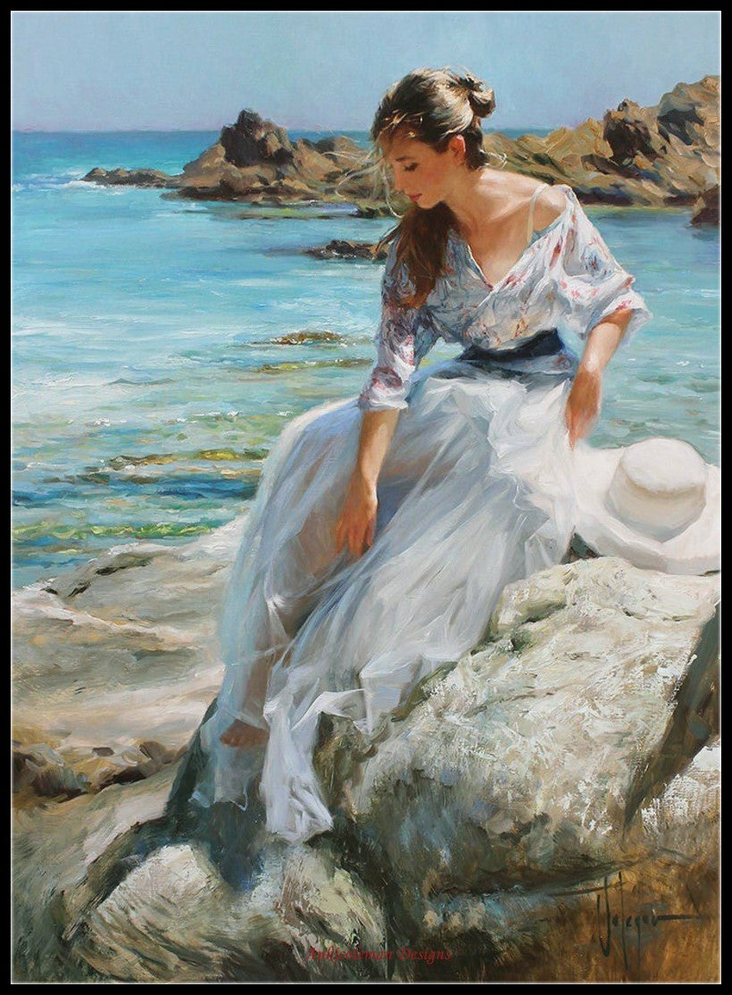 Lady Sitting on the Rock - Counted Cross Stitch Patterns Embroidery Crafts Needlework DIY Chart DMC Color