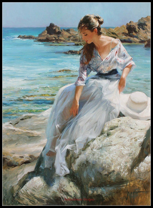 Lady Sitting on the Rock - Counted Cross Stitch Patterns Embroidery Crafts Needlework DIY Chart DMC Color