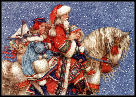 Santa on Horse - Counted Cross Stitch Patterns Embroidery Crafts Needlework DIY Chart DMC Color