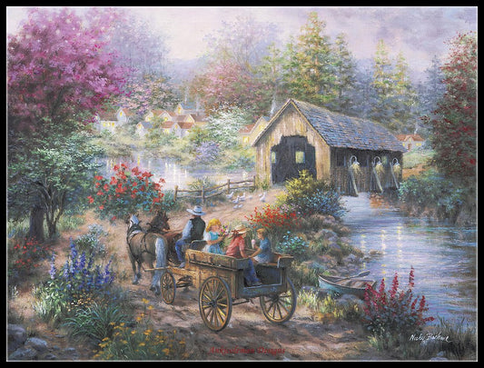 Merriment at Covered Bridge - Counted Cross Stitch Patterns Embroidery Crafts Needlework DIY Chart DMC Color