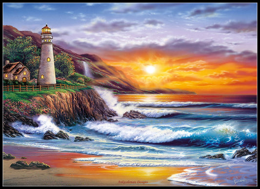 Lighthouse at Sunset 2 - Counted Cross Stitch Patterns Embroidery Crafts Needlework DIY Chart DMC Color