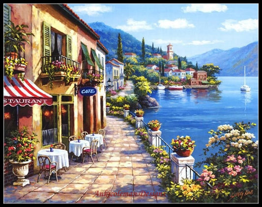 Overlook Cafe I - Counted Cross Stitch Patterns Embroidery Crafts Needlework DIY Chart DMC Color