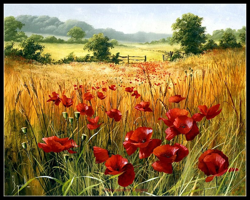 Poppies in the Field - Counted Cross Stitch Patterns Embroidery Crafts Needlework DIY Chart DMC Color