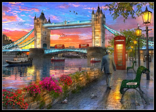 Tower Bridge Sunset - Counted Cross Stitch Patterns Embroidery Crafts Needlework DIY Chart DMC Color