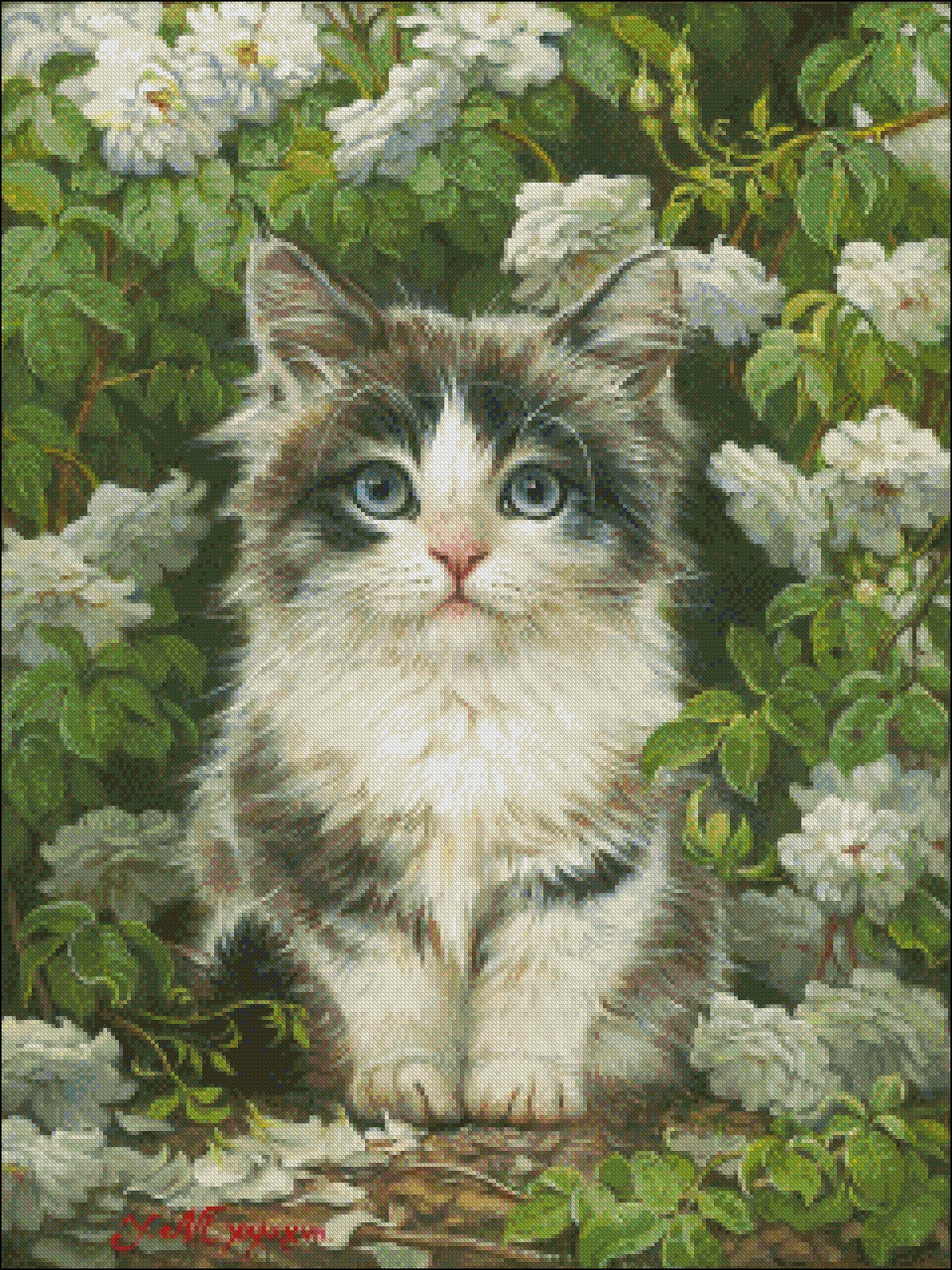 Cat in the Flowers - Counted Cross Stitch Patterns Embroidery Crafts Needlework DIY Chart DMC Color