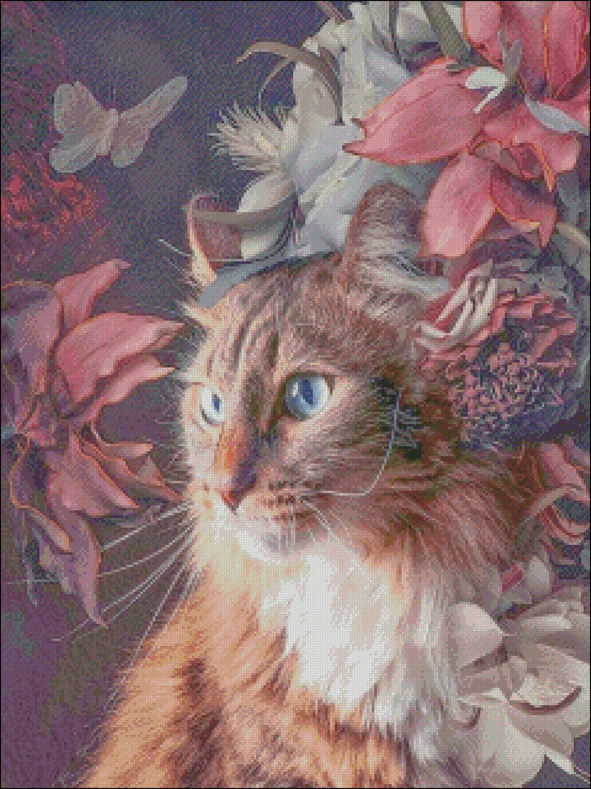Cat Face Flowers - Counted Cross Stitch Patterns Embroidery Crafts Needlework DIY Chart DMC Color