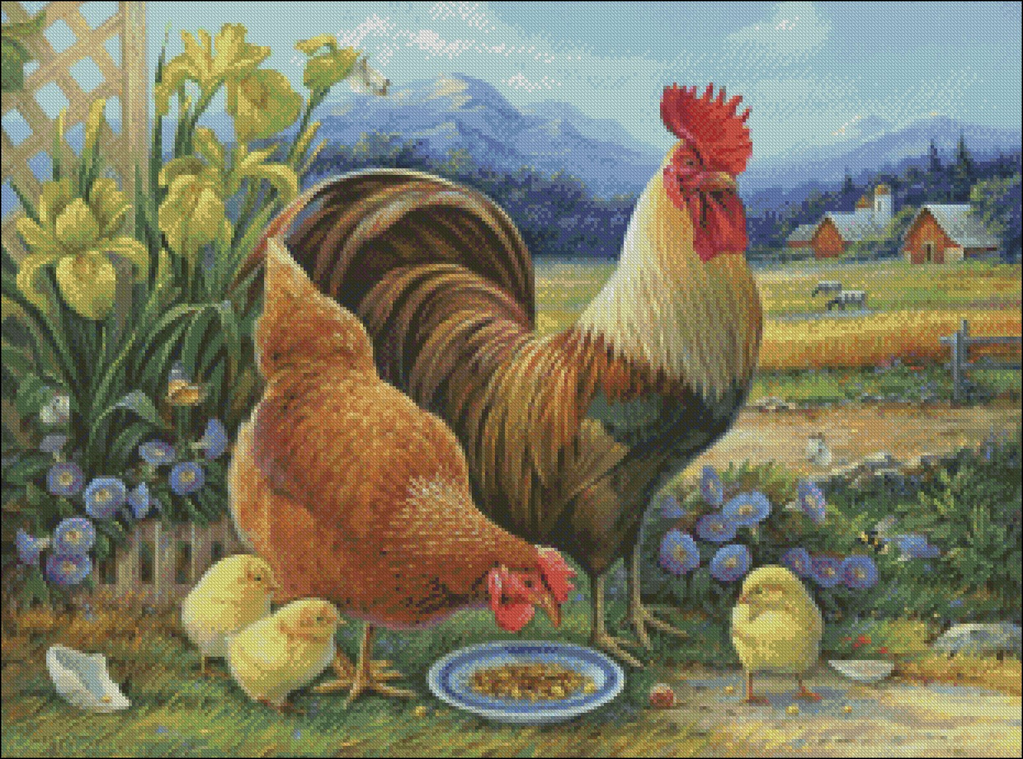 Amber Rooster and Family - Counted Cross Stitch Patterns Embroidery Crafts Needlework DIY Chart DMC Color