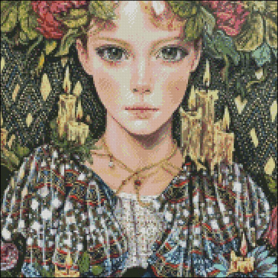 Girl with Flowers 12 - Counted Cross Stitch Patterns Embroidery Crafts Needlework DIY Chart DMC Color