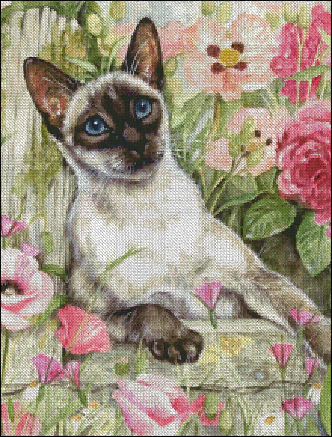 Siamese cat in the Roses - Counted Cross Stitch Patterns Embroidery Crafts Needlework DIY Chart DMC Color