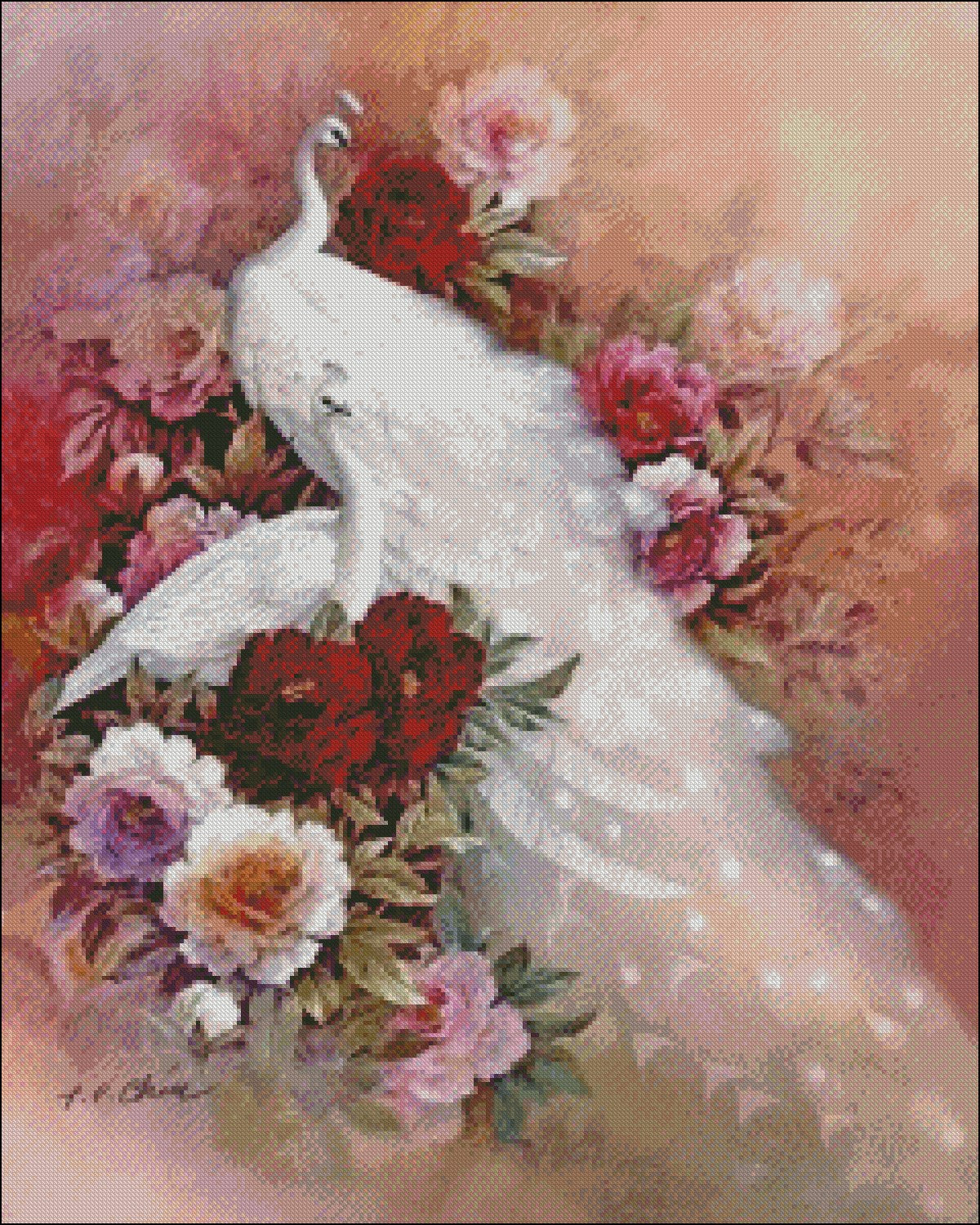 White Peacocks and Peony - Counted Cross Stitch Patterns Embroidery Crafts Needlework DIY Chart DMC Color