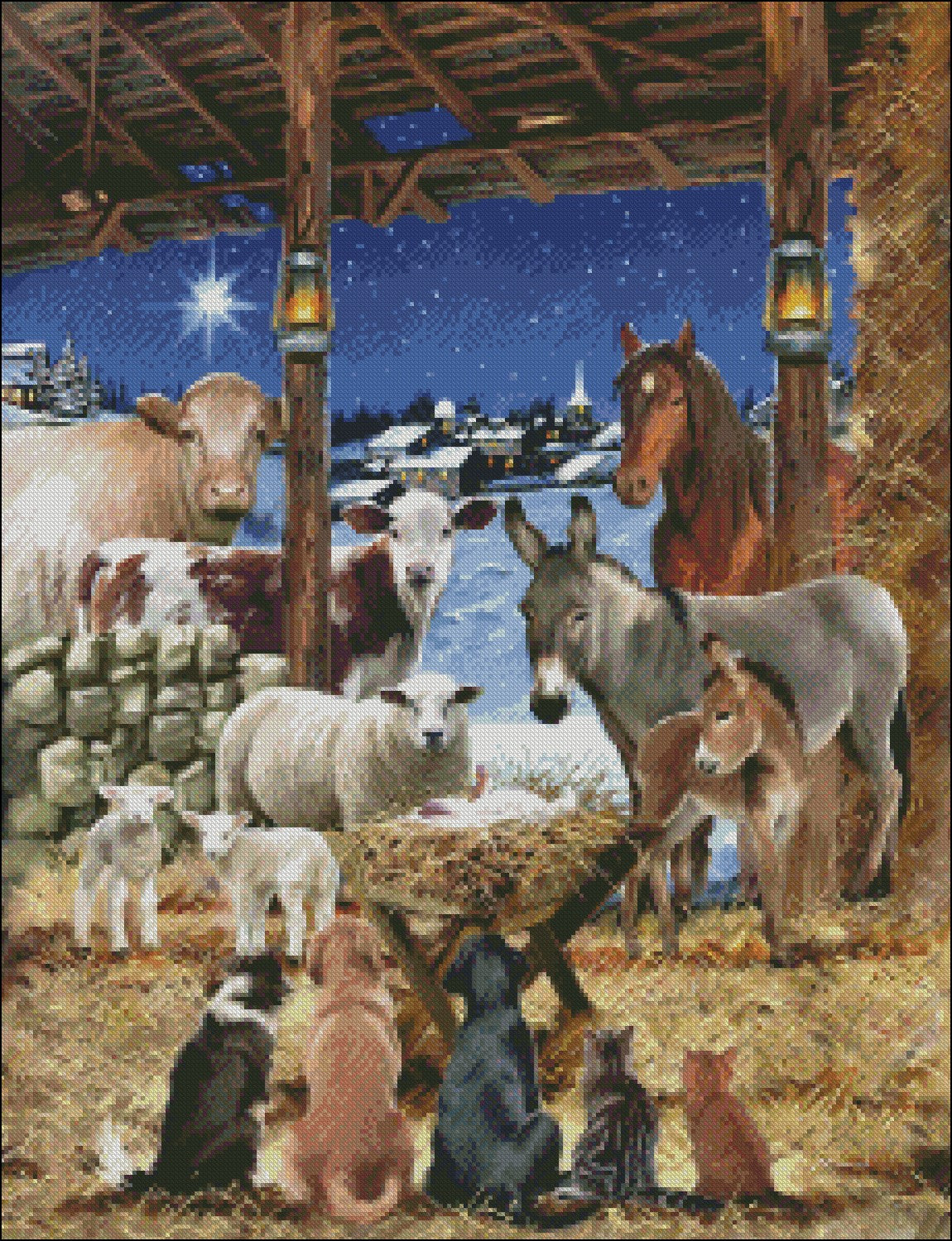 Animals in Manger - Counted Cross Stitch Patterns Embroidery Crafts Needlework DIY Chart DMC Color