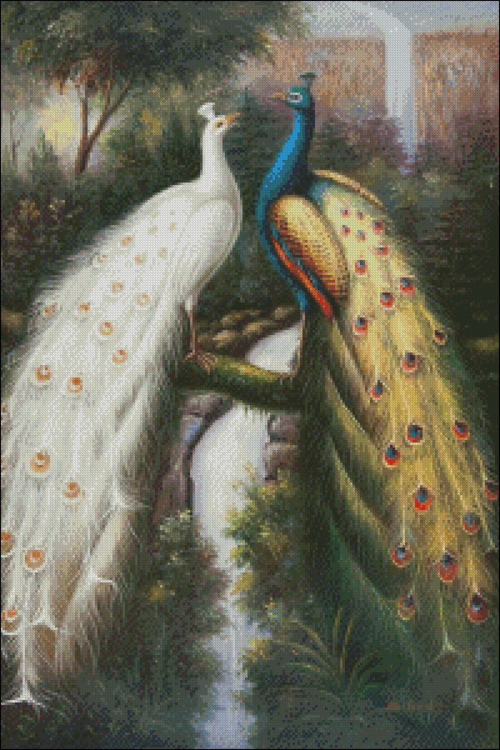 Peacock Waterfall - Counted Cross Stitch Patterns Embroidery Crafts Needlework DIY Chart DMC Color
